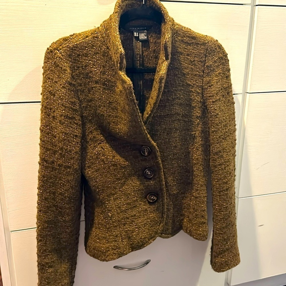 Zara brown Bouclè wool blend blazer size medium